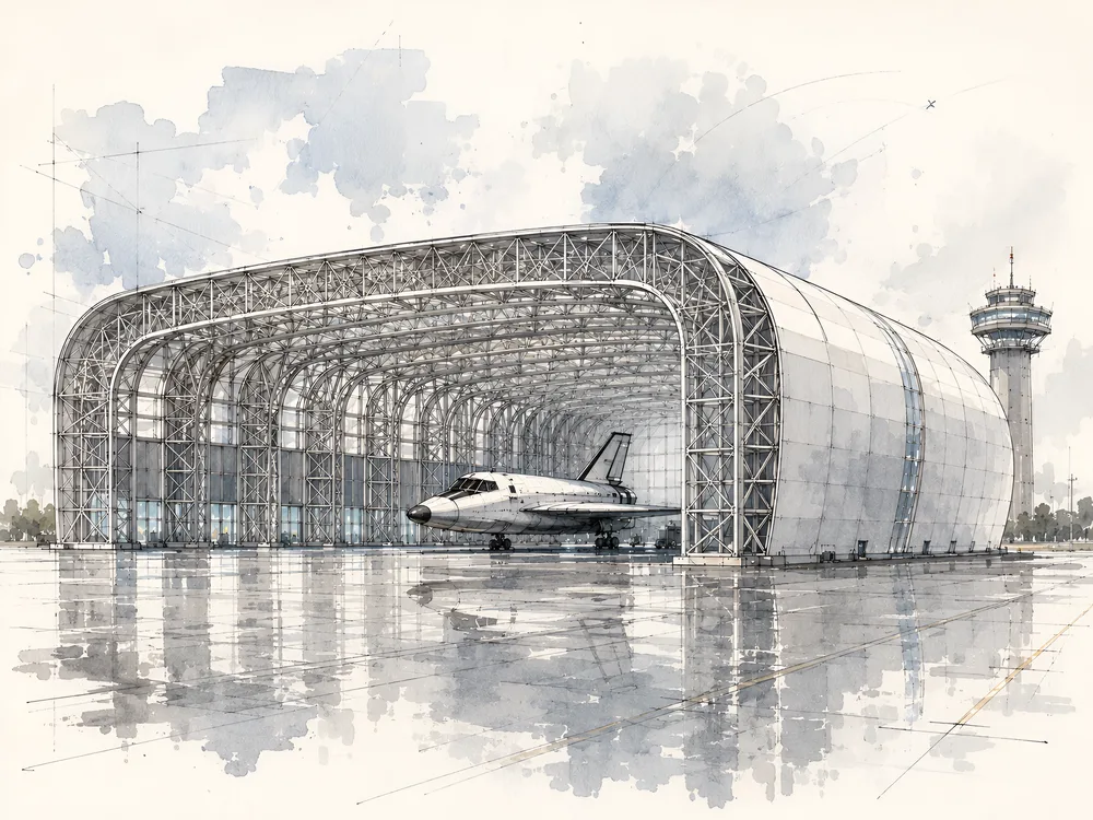 Rendering of a long-span hangar structure at Grottaglie Spaceport with aircraft below.