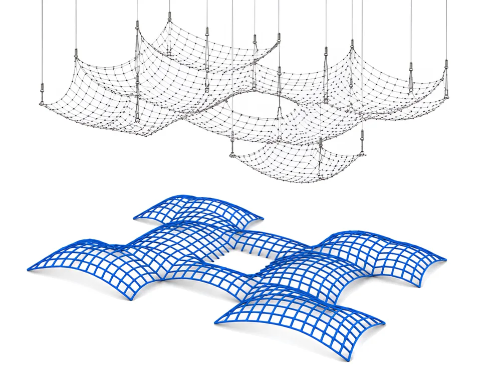 A hanging cable-net Form Finding model above the resulting upright free-form gridshell rendered as a regular blue grid, illustrating the improved multi-body rope approach.