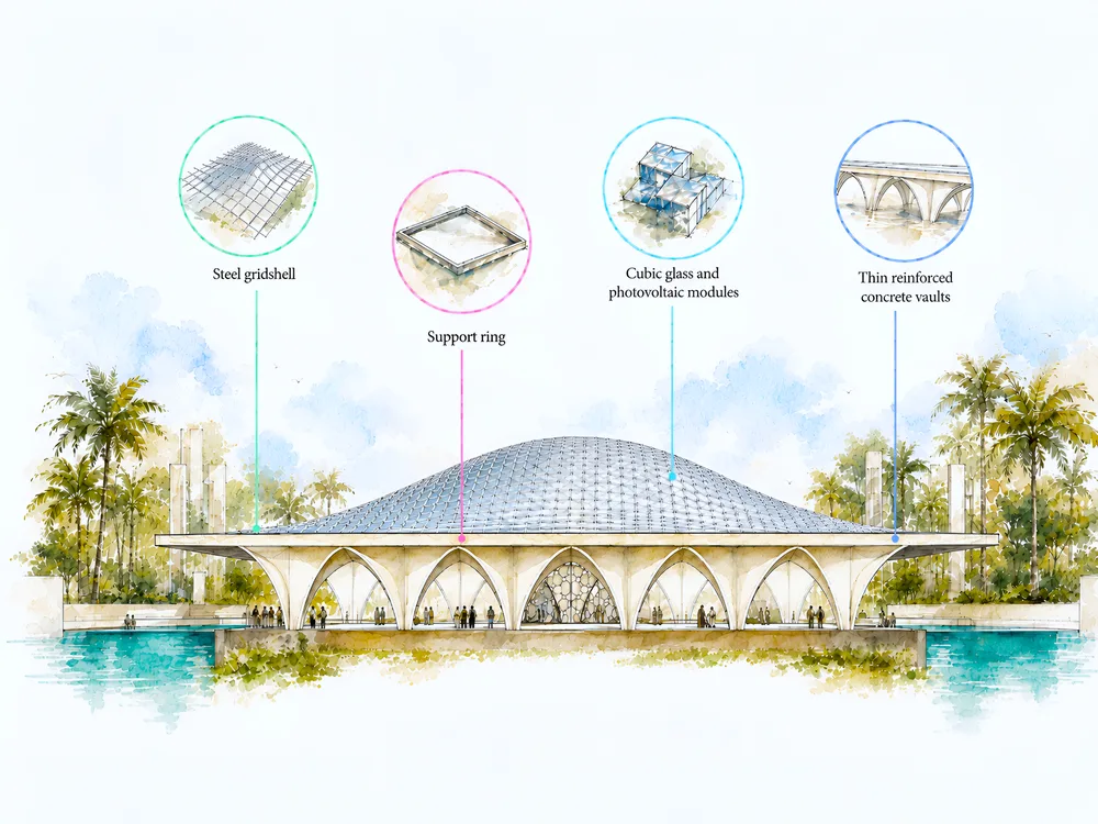 Watercolor elevation of the Dakar Mosque pavilion — a steel-gridshell dome on pointed arches over thin reinforced-concrete vaults — with callouts to its gridshell, support ring, glass-photovoltaic modules and vaults.