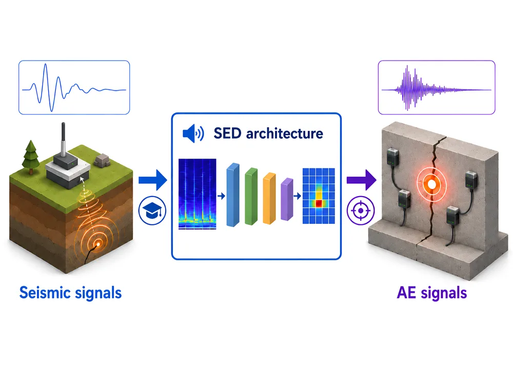 Seismic signals and acoustic-emission signals from a cracked concrete wall feeding a sound-event-detection neural network that outputs a localized crack source on a spatial grid.
