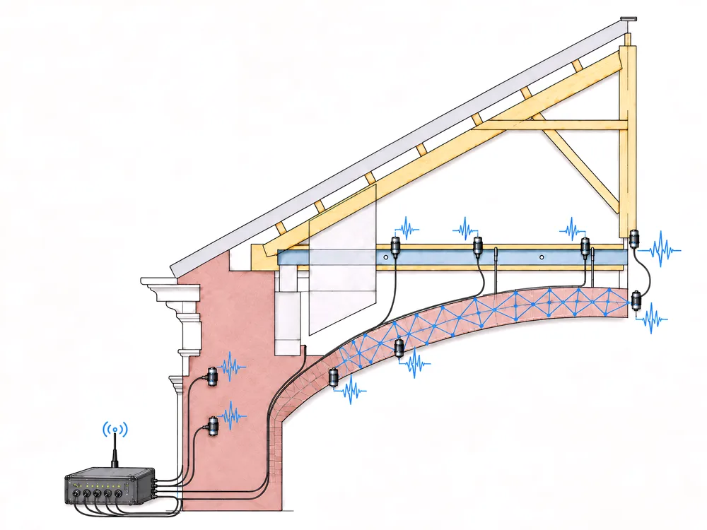 Cross-section of a masonry nave vault under a timber roof truss, with acoustic emission sensors emitting waveform signals, cabled to a wireless acquisition unit, over a thrust-network path along the vault.