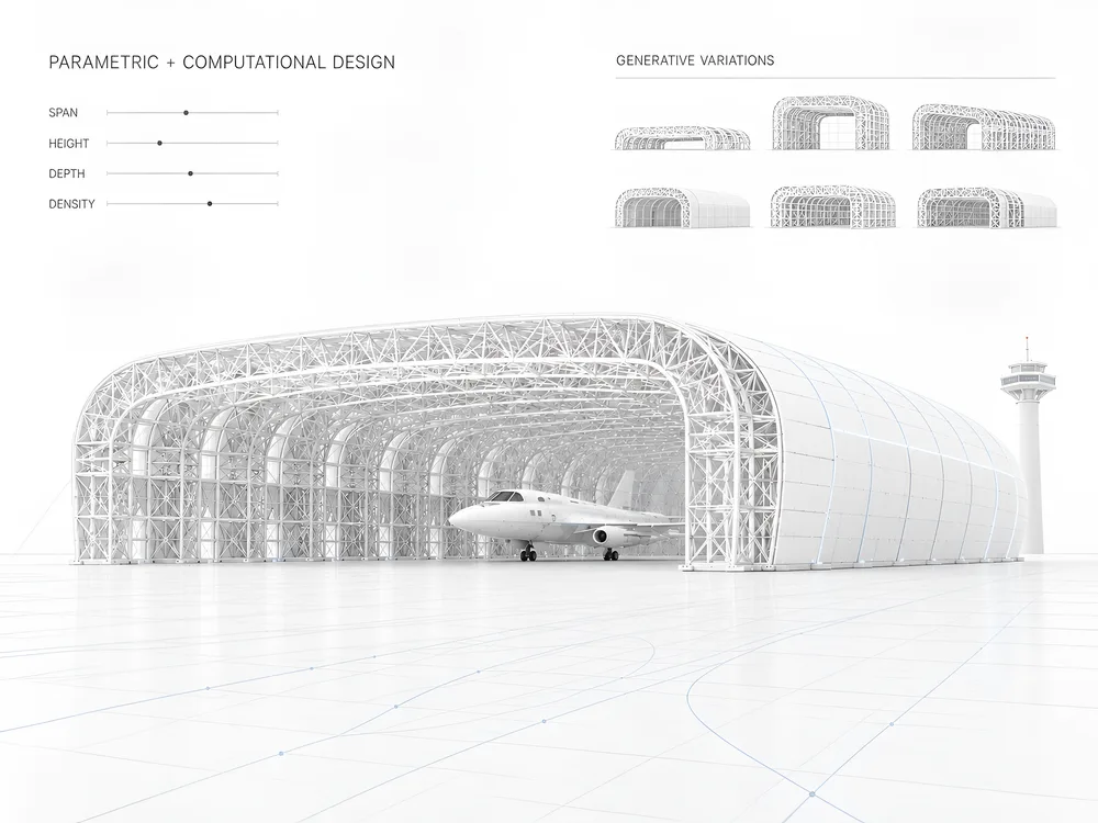 Parametric model of a long-span steel-truss hangar housing an aircraft, with span/height/depth/density sliders and a grid of generative design variations.
