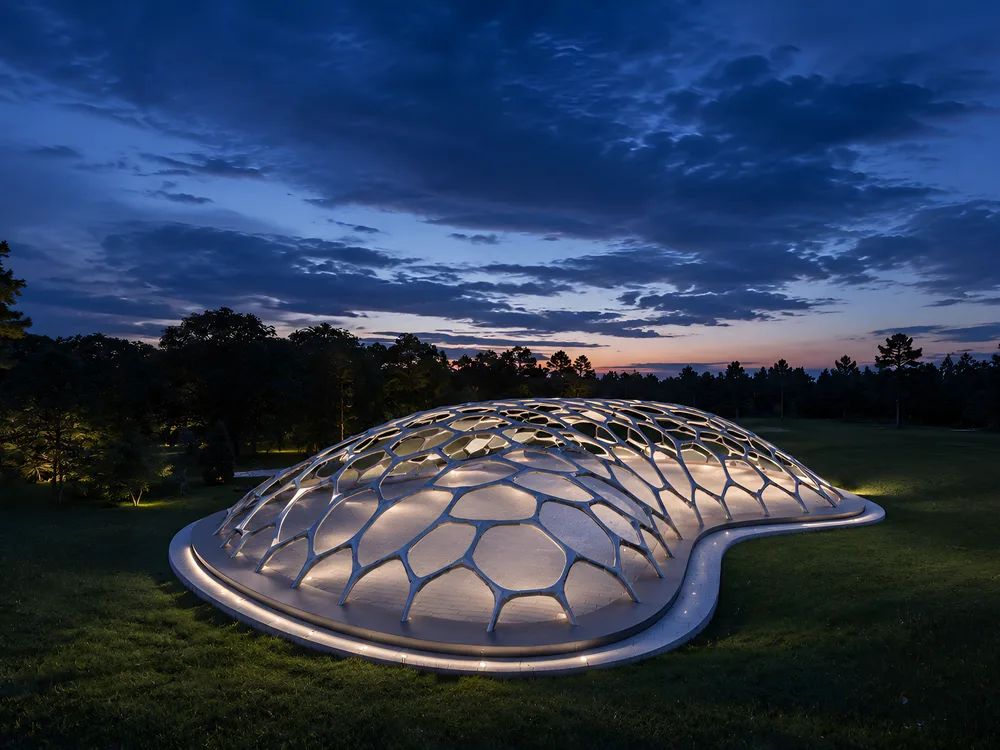 A free-form gridshell dome with an organic, cell-like structural pattern, lit from within on a lawn at dusk.