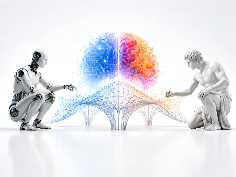 A robot and a classical marble sculpture collaboratively shaping a free-form gridshell structure beneath a split brain — one half circuitry (logic), the other colorful (creativity).