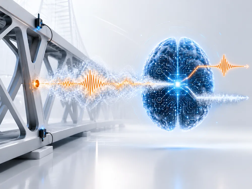 A sensor-equipped bridge truss emitting a vibration waveform that flows into an AI brain rendered as glowing circuitry.