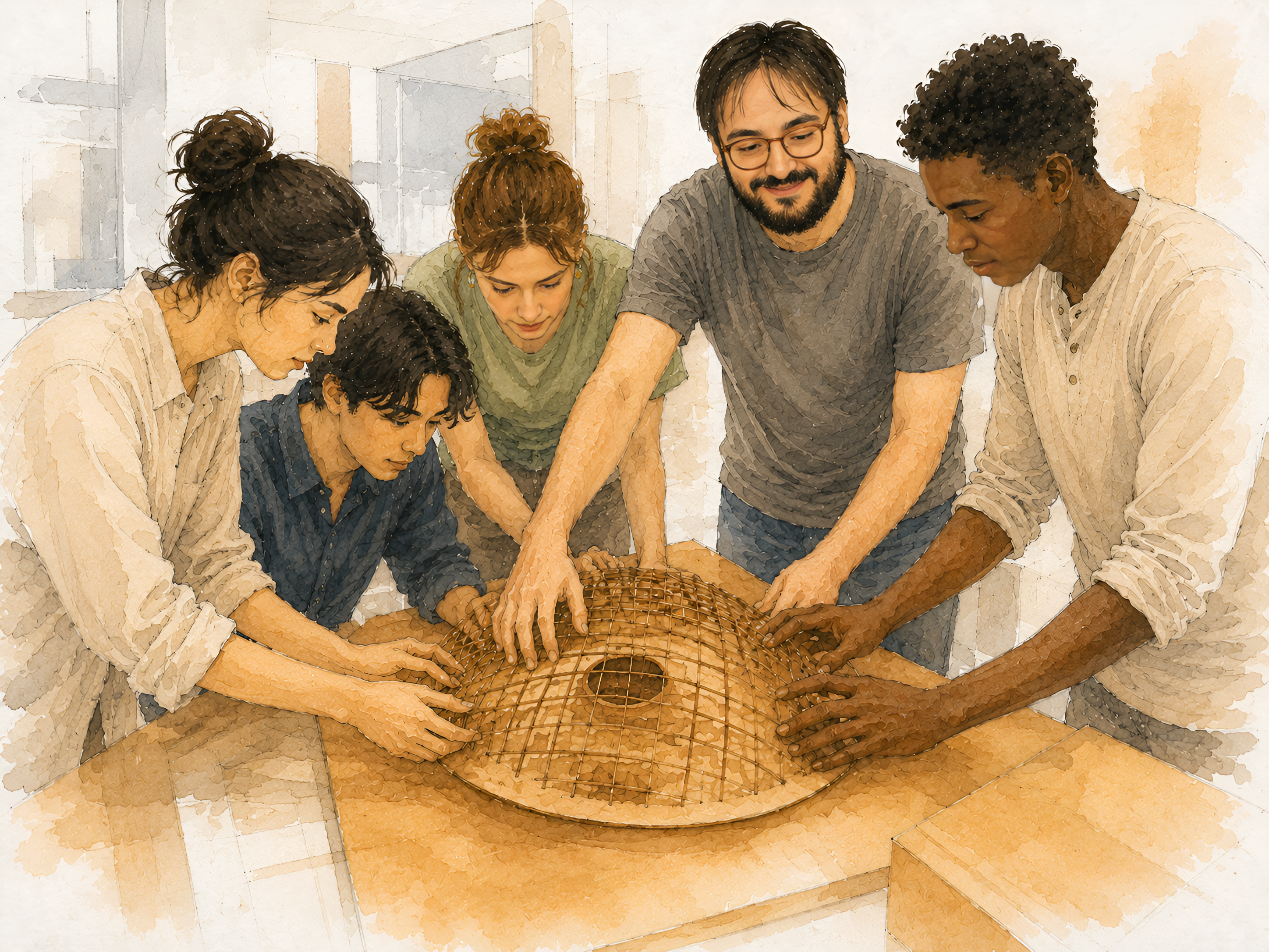 Students assembling a timber gridshell scale model during the Let's Shape! 2025 summer school.